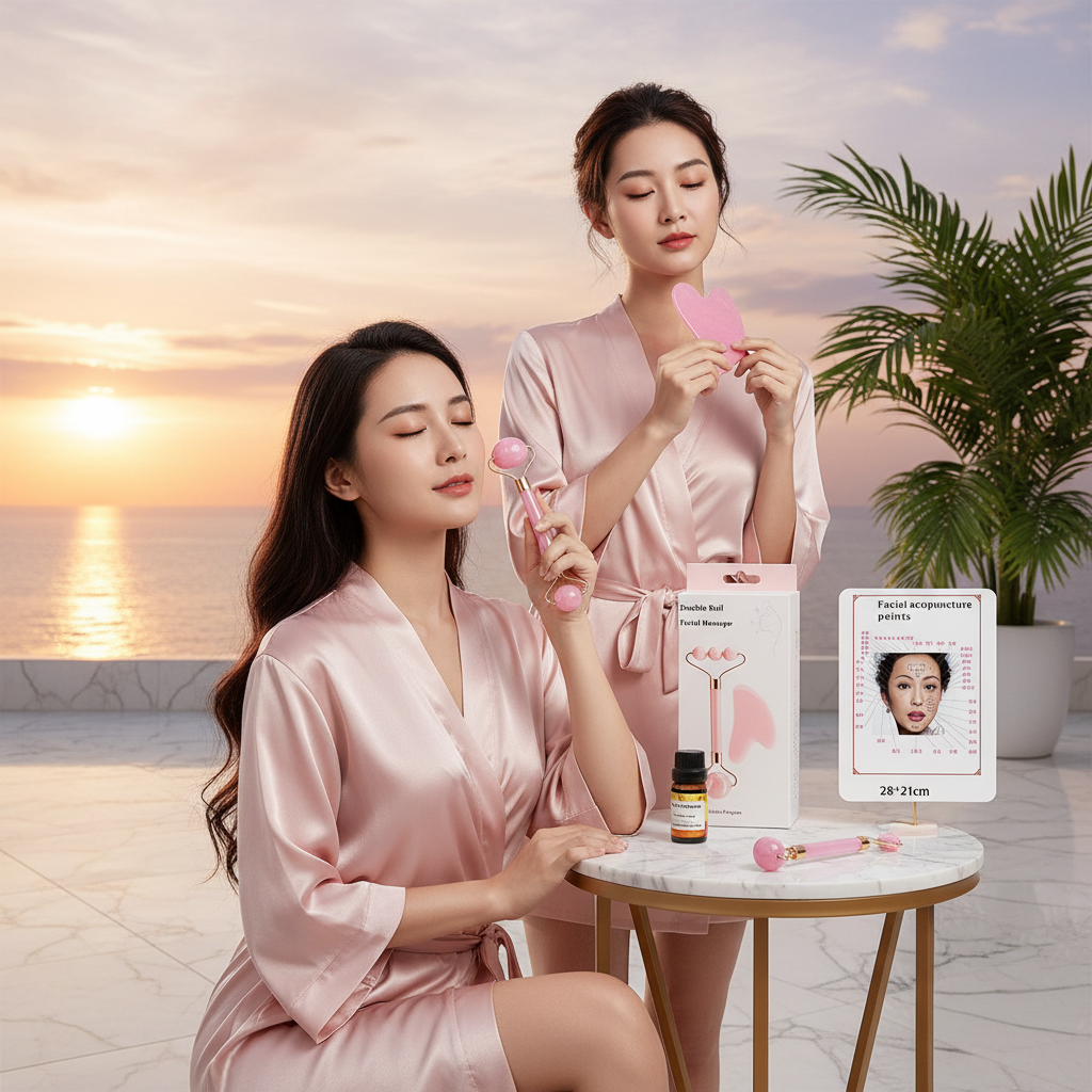 Complete 4 Pc Facial Massage Kit™ | Roller • Gua Sha • Acupoint Map • Essential Oil