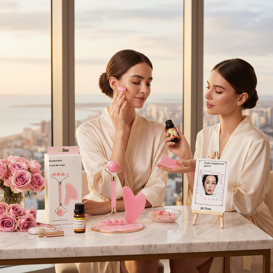 Complete 4 Pc Facial Massage Kit™ | Roller • Gua Sha • Acupoint Map • Essential Oil