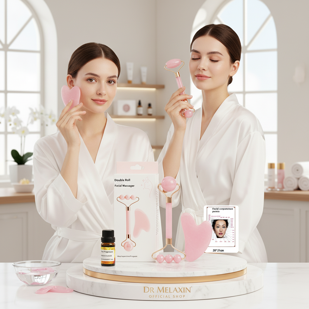 Complete 4 Pc Facial Massage Kit™ | Roller • Gua Sha • Acupoint Map • Essential Oil