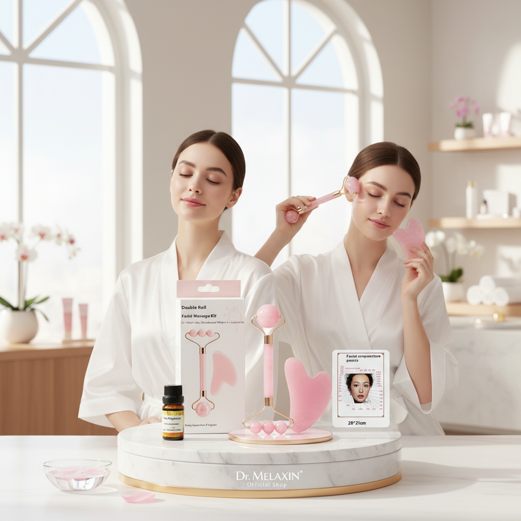 Complete 4 Pc Facial Massage Kit™ | Roller • Gua Sha • Acupoint Map • Essential Oil